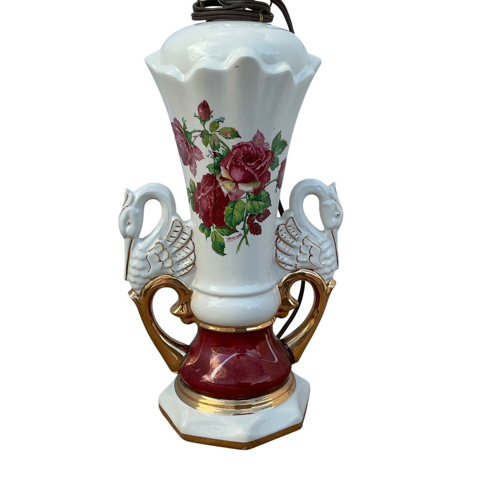 Vintage Swan Handle Ceramic Lamp Floral Rose Design Gold Trim Burgundy White